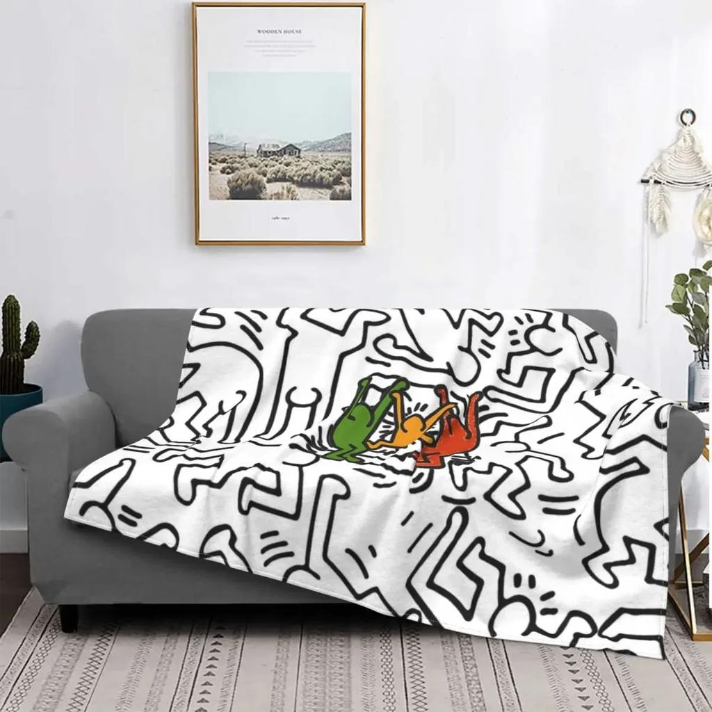 Dancing In The Wind Colorful Theme Flannel Throw Blanket Soft Cozy Haring Geometric Paintings Art for Bedroom Couch Home Decor