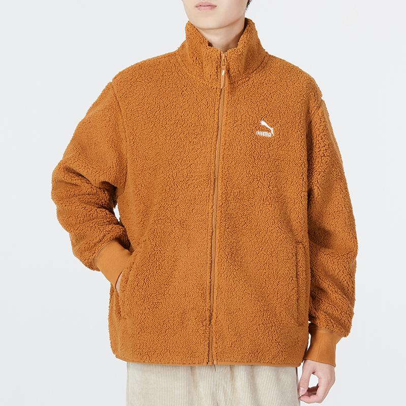 Puma Classics Sherpa Jacket Solid Color Fleece Logo Sports Casual Stand Collar Lamb Fleece Jacket Men Jacket Beige 537699-74