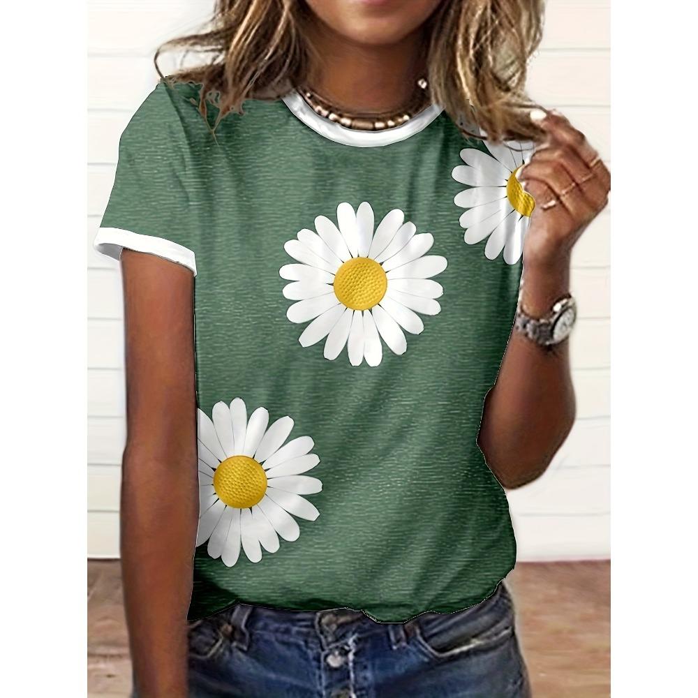 Women's Fashion Oil Floral Pattern Fashion Short Sleeve Round Neck Top Casual