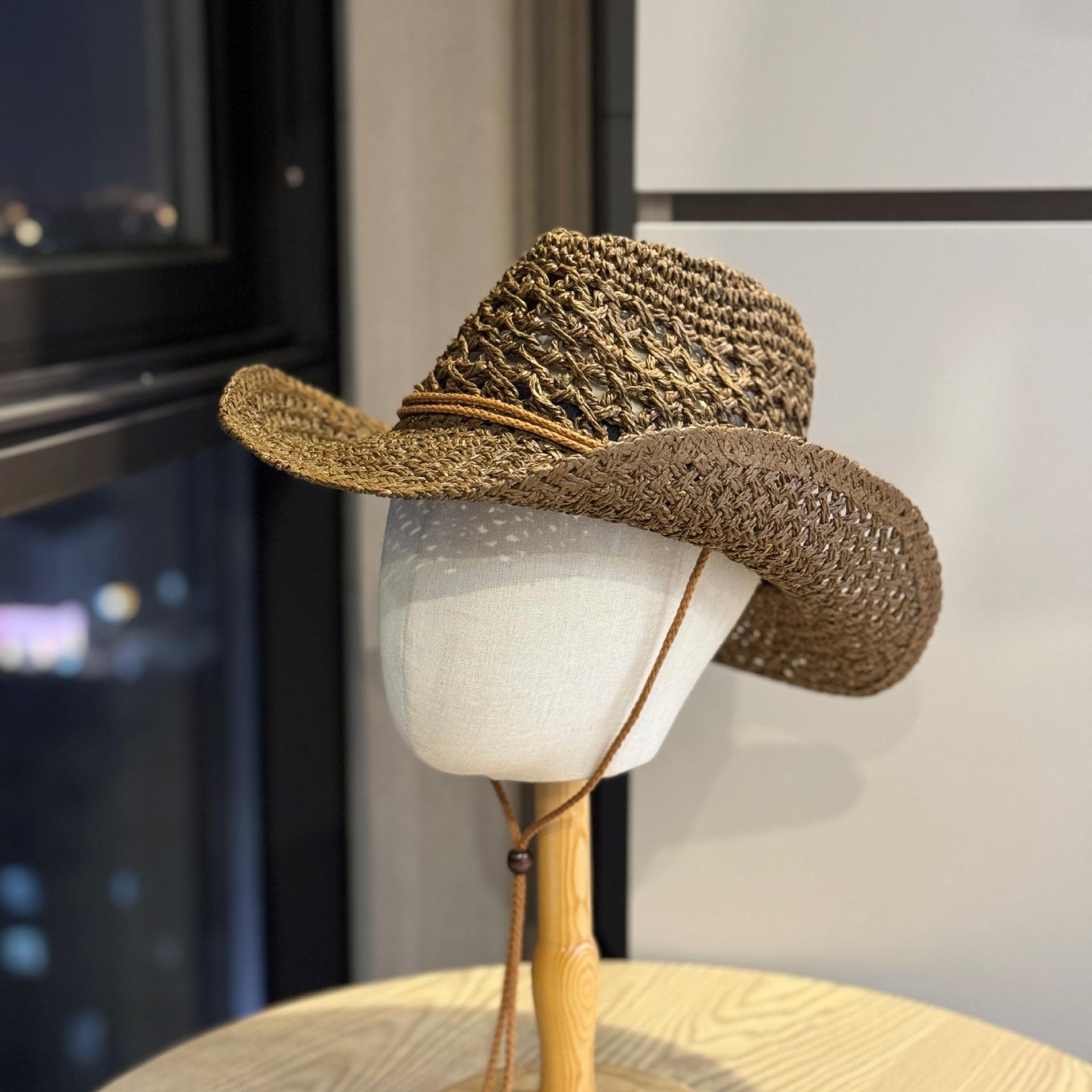 

American retro western cowboy jazz hollow straw hat for women, summer seaside beach vacation sun hat, woven hat Adult54-60Adjustable коричневий