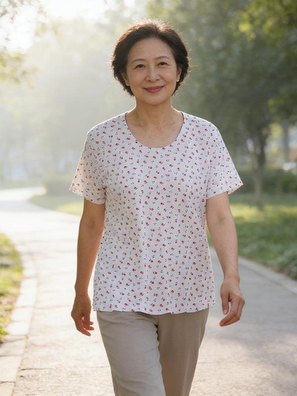 Women's Plus Size Floral Cotton T-Shirt - Summer Short Sleeve for Middle-aged & Elderly
