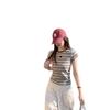 American retro contrasting striped round neck short-sleeved T-shirt women's summer new slim-fitting versatile foreign-style top tide