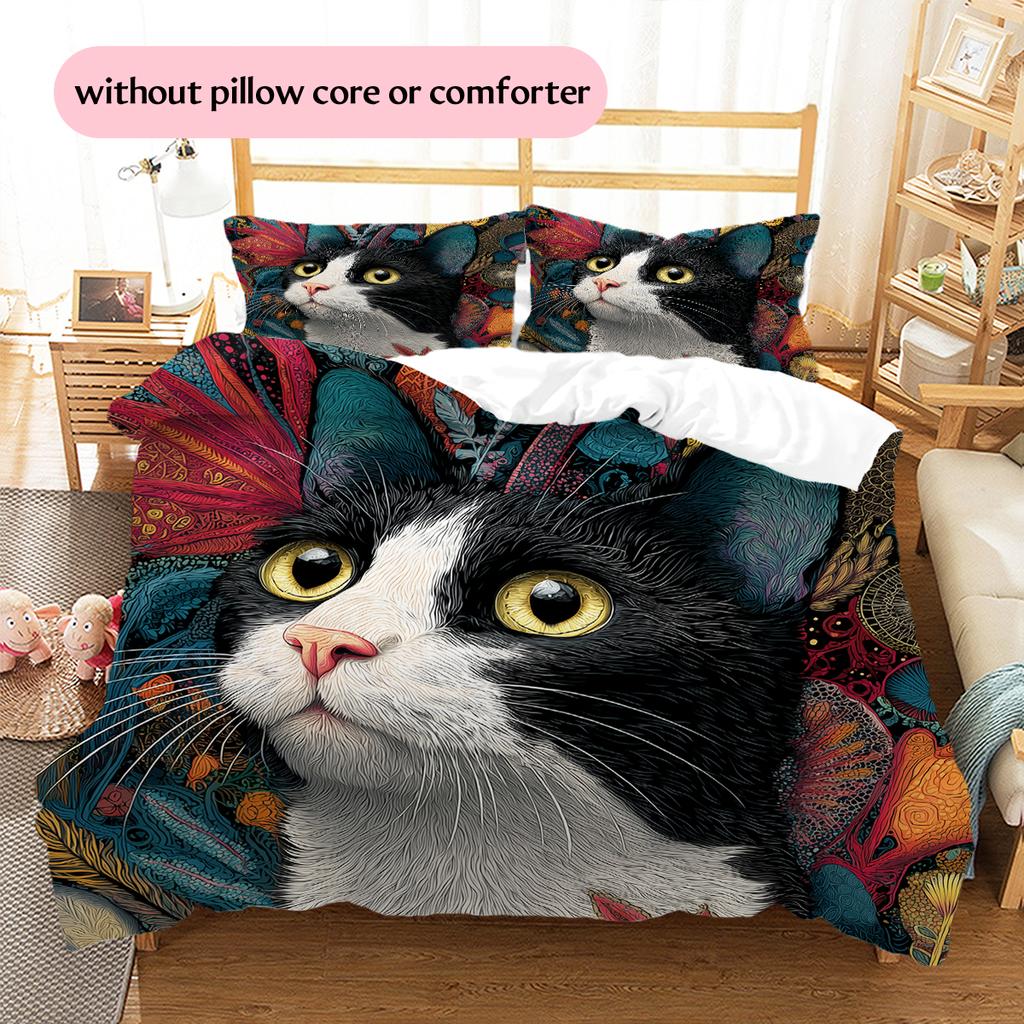 Cow Cat Pattern Bedding Home Decoration Birthday Gift (1 * duvet cover + 2 * pillowcase, without core)
