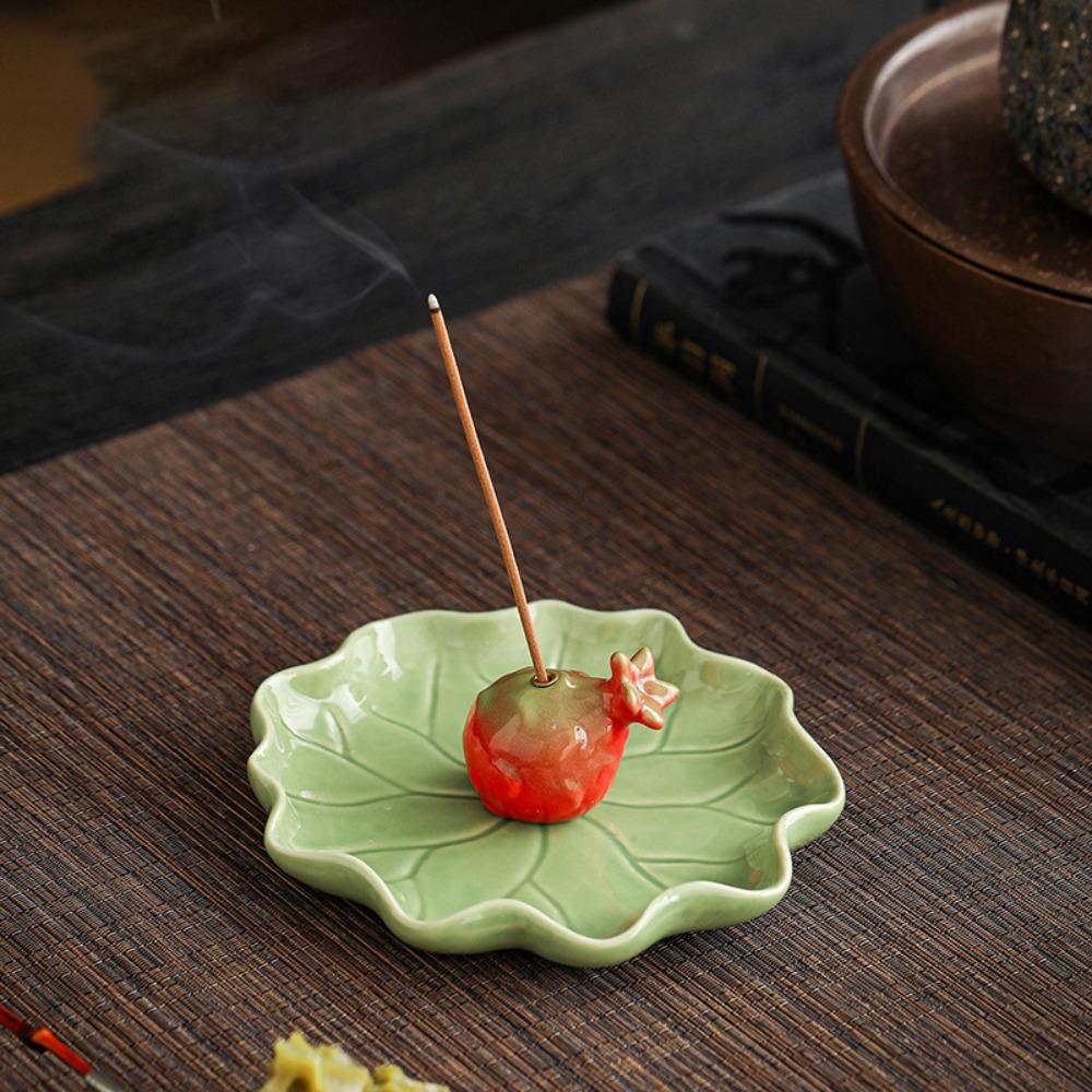 Creative Frog Lotus Ceramic Incense Holder with Lotus Leaf Tray Ash Catcher Zen Incense Burner Incense Stick Holder Home Decor