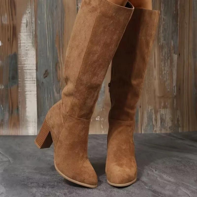 Fashion Women's Boots Retro High Heels Western Cowboy Chunky Elegant Woman Heeled Shoes Winter New Warm Plush Knee High Long Suede Boots