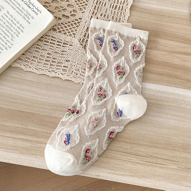 Japanese Korean Style Cartoon Flower Cotton Women Socks New Mid Calf Student Cute Minimalist Floral Crew Socks Fashion Versatile
