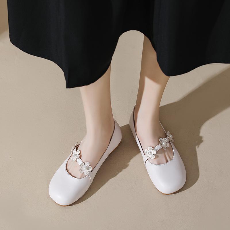 Fashion Elegant Womens Cow Leather Flats Shoes Soft Soled Square Toe Ballets Ladies Office Work Barefoot Loafers Floral Strap Mary Janes