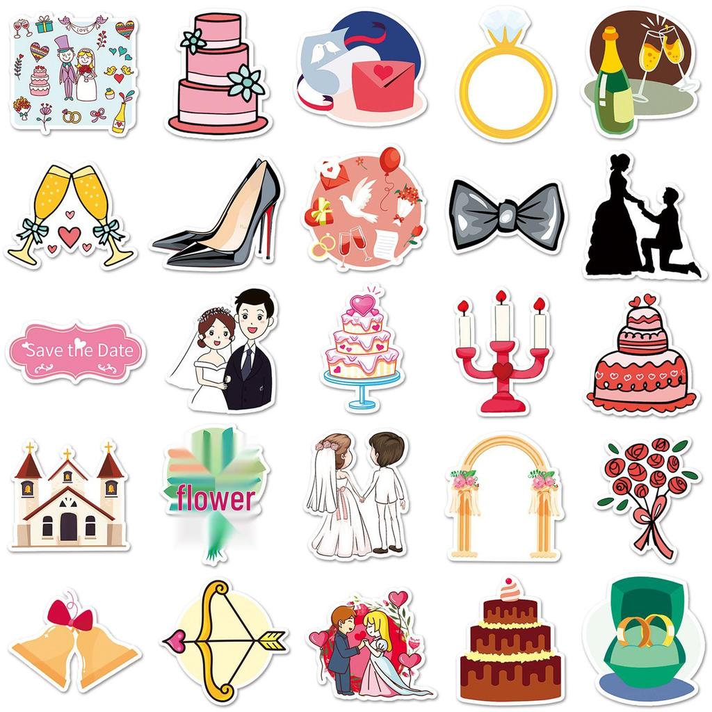 50-Pack Korean Wedding Cartoon Graffiti Stickers - Waterproof for Journals, DIY, Skateboards, and Luggage.