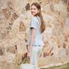 Fragrant Shadow Lotus Leaf Edge Waist T-shirt for Women 2026 Summer New Blue Round Neck Short Sleeve Design Sense Shoulder Top