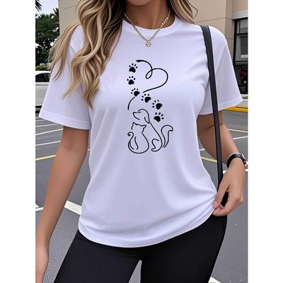 Europäische Größe Einzelstück Damen Kurzarm-T-Shirt | Trendiger Art Cat and Dog Print, Atmungsaktiv Hohe Dehnbarkeit Rundhalsausschnitt