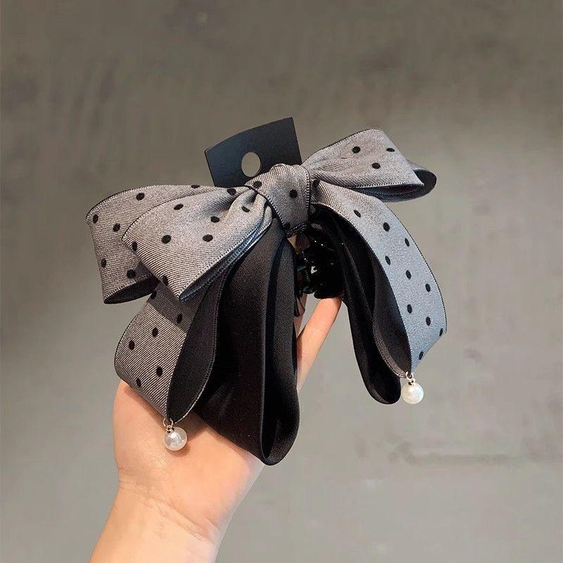 Elegant Gray Polka Dot Bow Hairpin For Women Girls High-end Temperament Ponytail Hair Claw Fashion Hair Accessories Gift