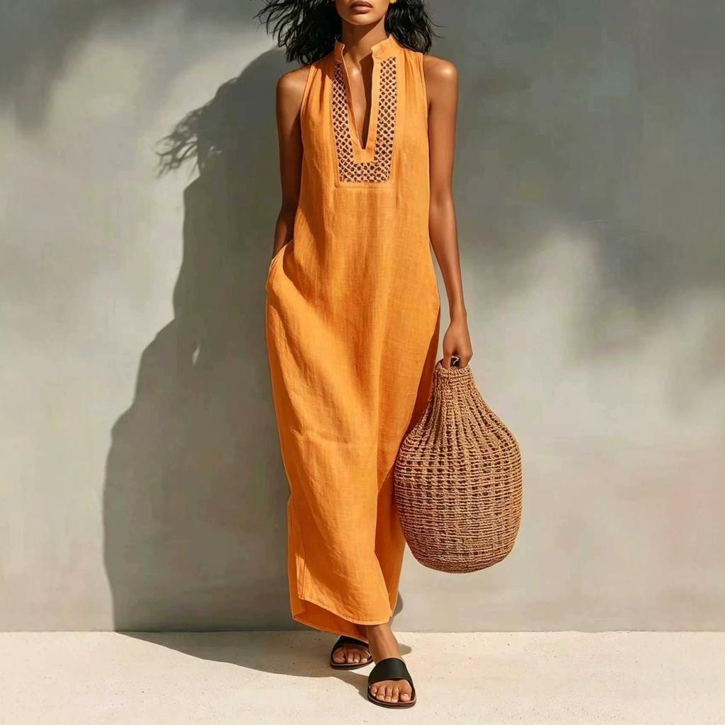 2026 European and American Cross-border Independent Station, Summer White Sleeveless Hollow V-neck Dress, Holiday Style Loose Dress