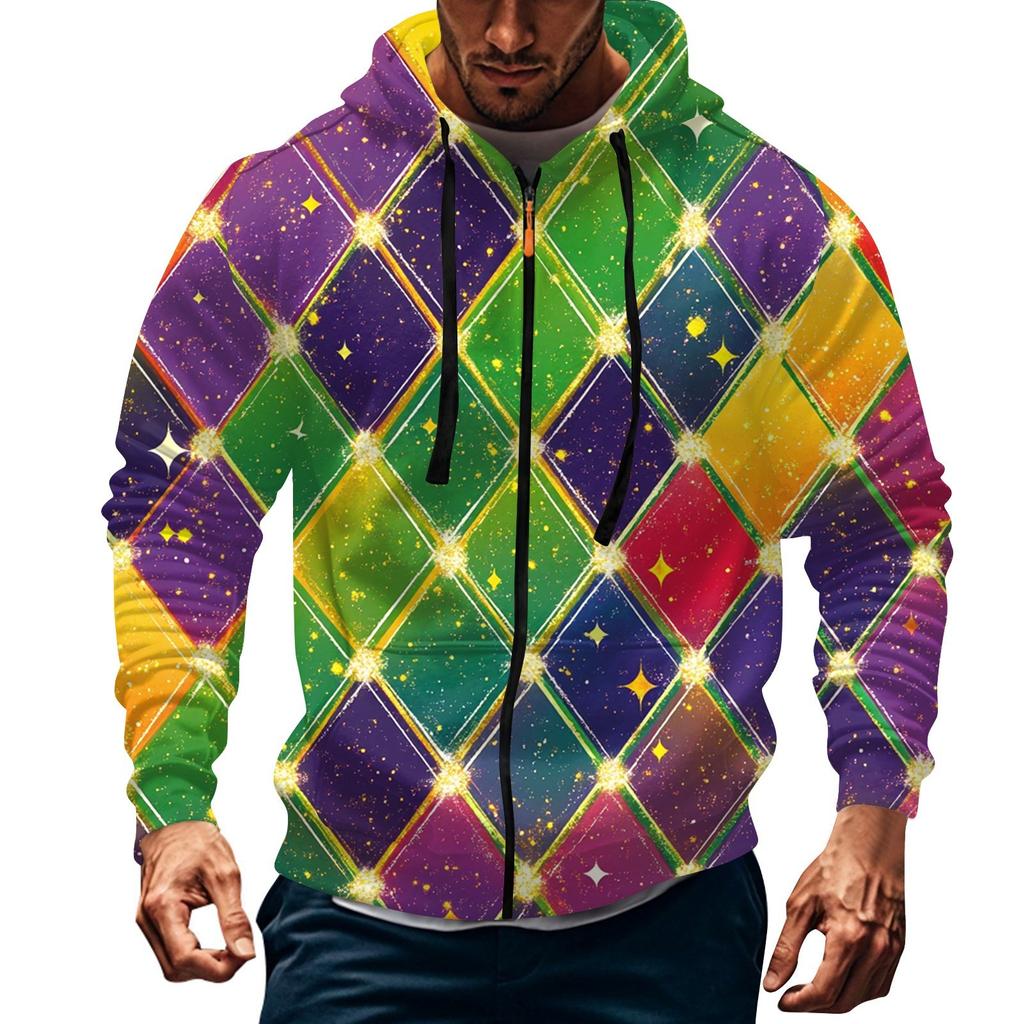 Men's Sports Casual Fleece Hoodie Carnival Print Hoodie Cardigan Zipper Multi-pocket Hoodie Coat