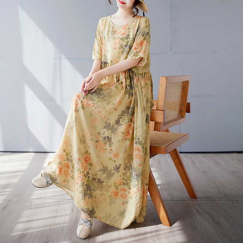 Simple and Fashionable Long Skirt Summer Short Sleeved Round Neck Printed Dress