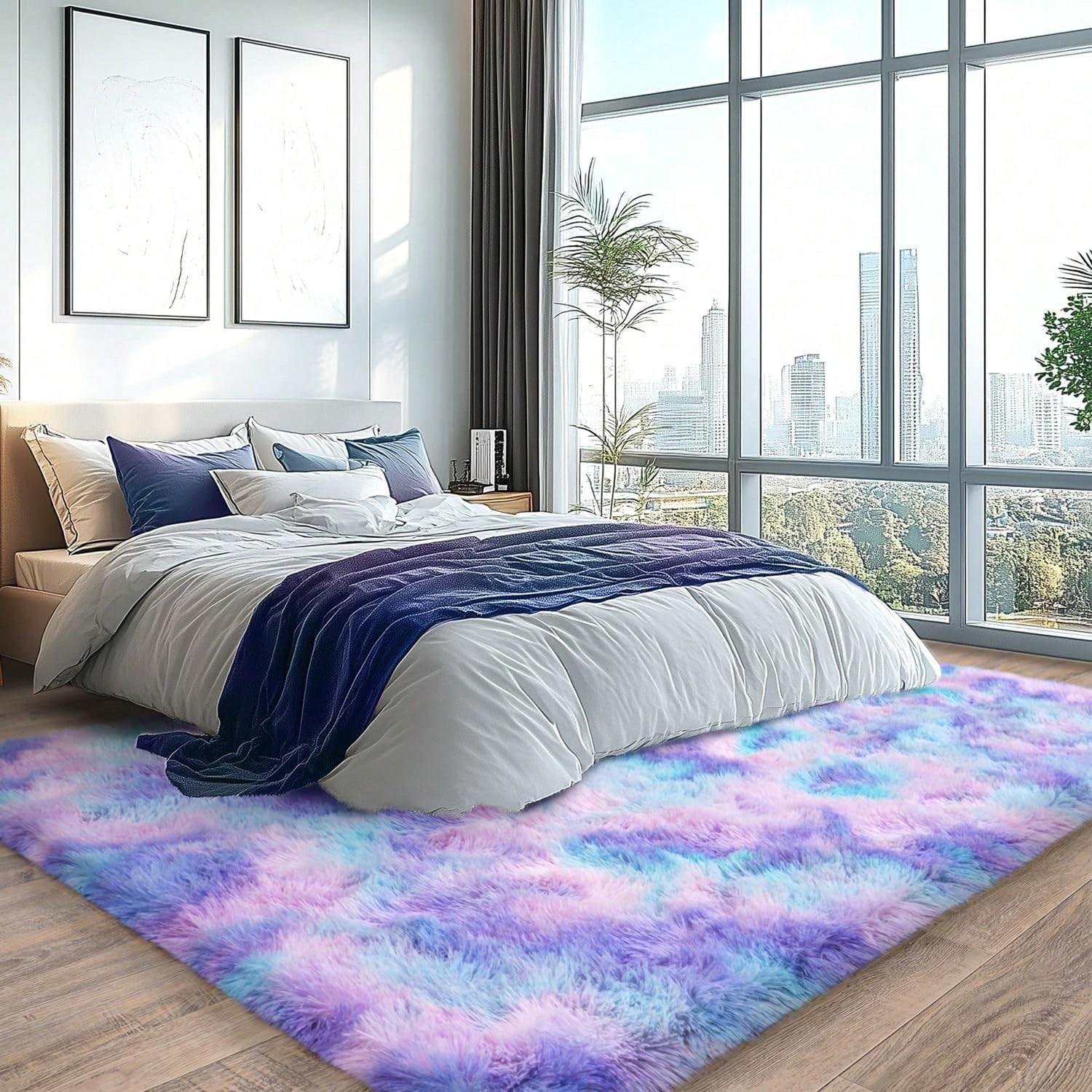 

Gnizama Fluffy tie-dye blue rainbow rug, suitable for girls bedroom living room room decorative rug, indoor plush rug. 4x6ft 120x180cm