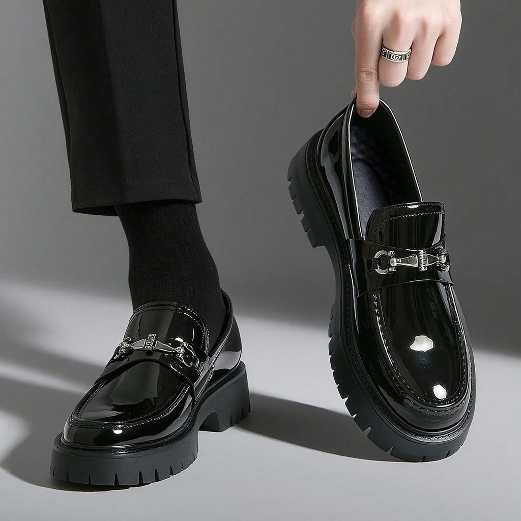 Fashion Classic Thick Sole Men's Penny Loafers Slip-On Business Dress Shoes Gentleman Glossy  Buckle Formal Party Black Shoes