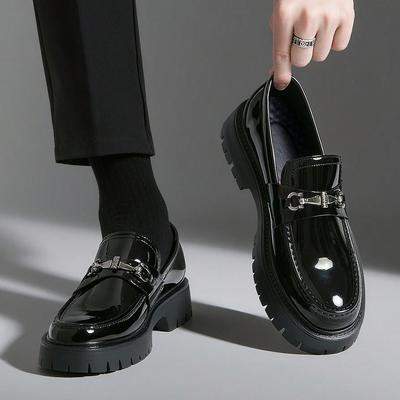 Europe Fashi Thick Sole Men's Penny Loafers Slip-On Business Dress Shoes Gentleman Glossy Buckle Formal Party Black Shoes