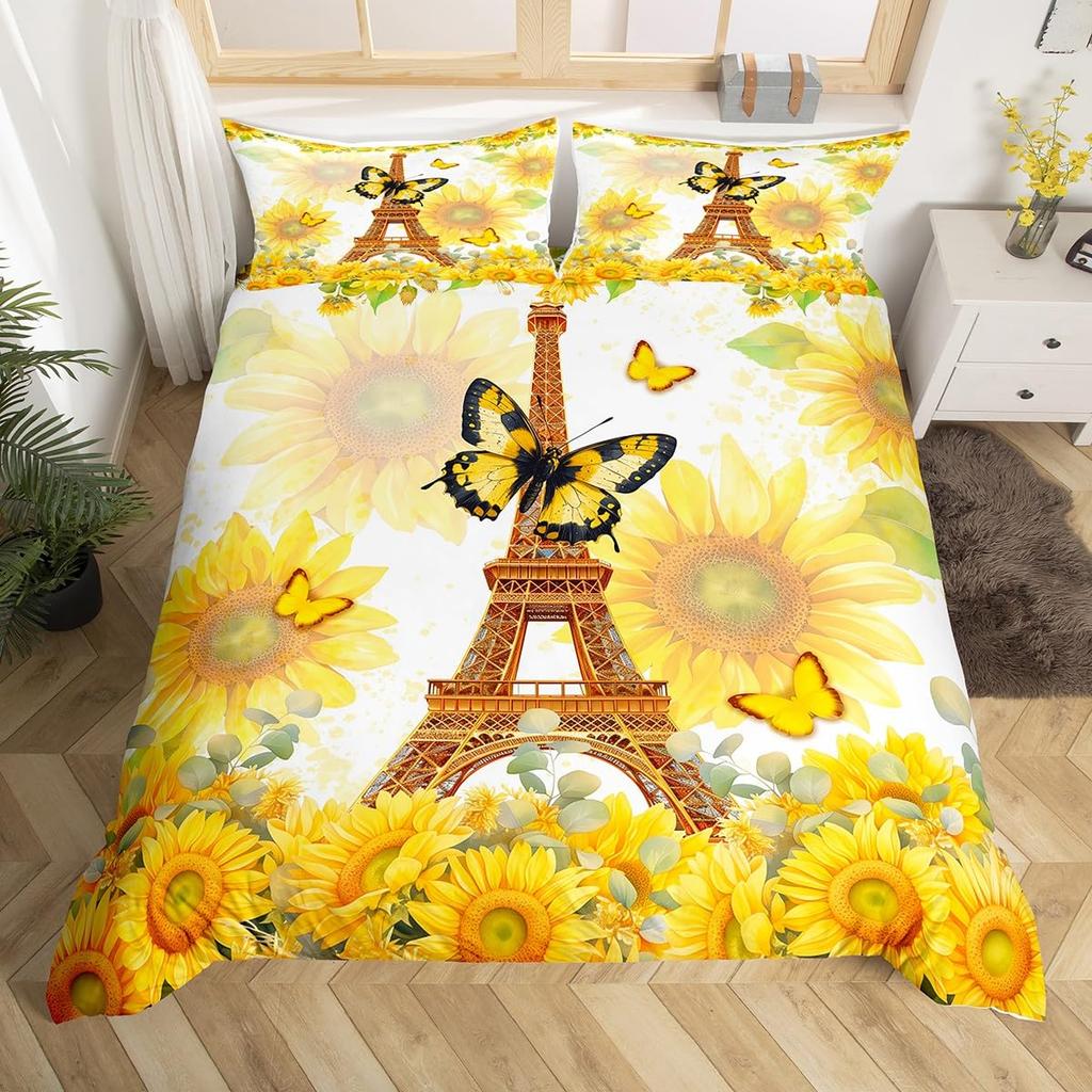 Eiffel Tower Duvet Cover,Watercolor Red Rose Bedding Set For Girls Adult Wild Butterfly Valentine'S Day Romantic Comforter Cover