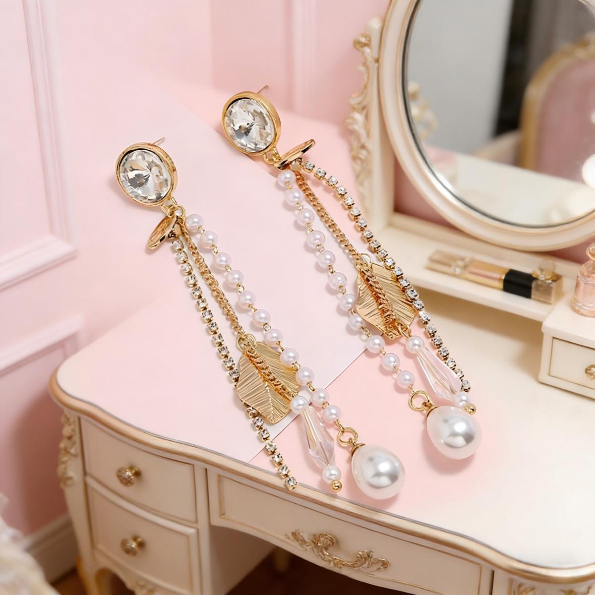 Elegant Pearl Tassel Rhinestone Earrings for Brides - Light Luxury Wedding Jewelry