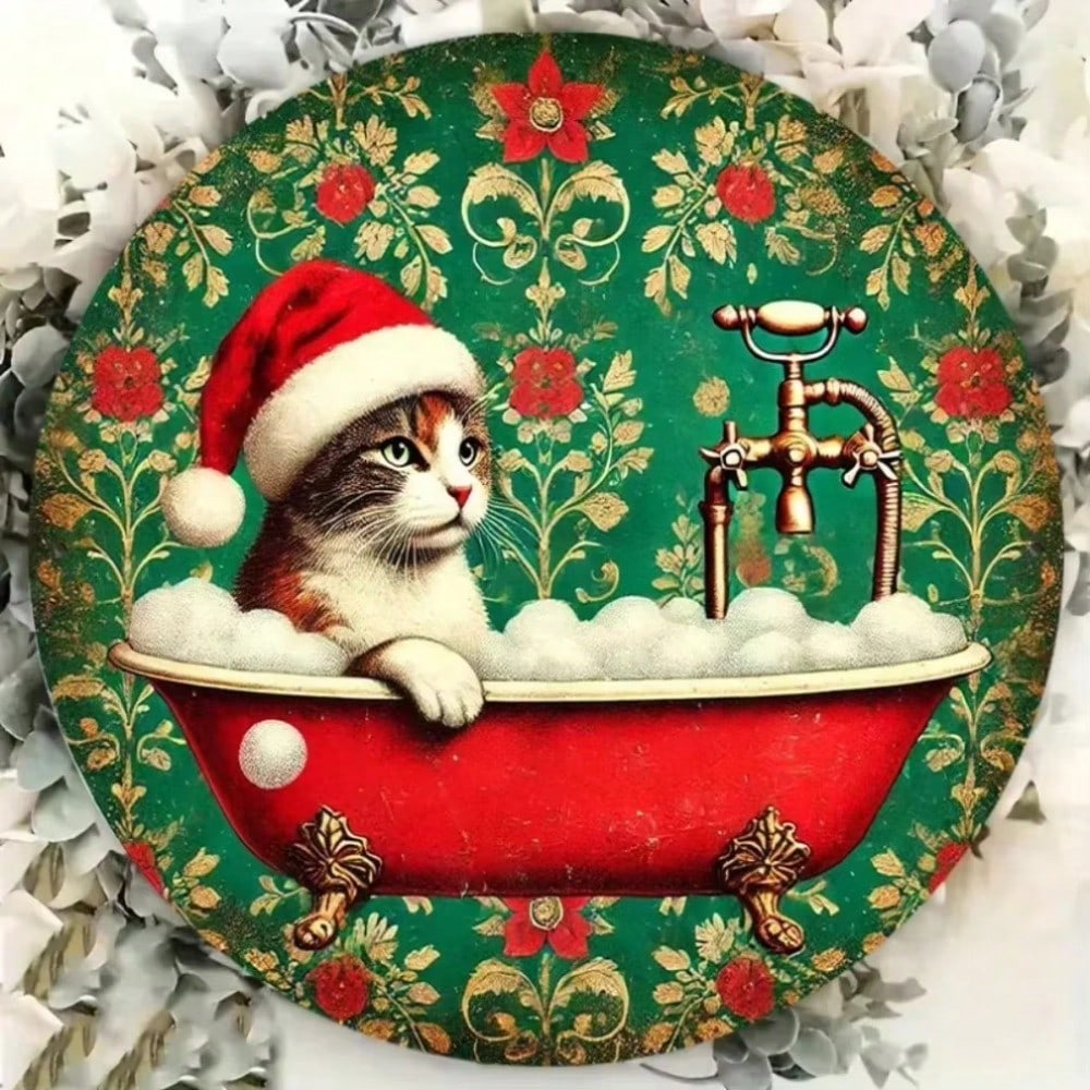 Vintage Christmas Cat Santa Hat Metal Wall Art 8x8 Inch Home Decor
