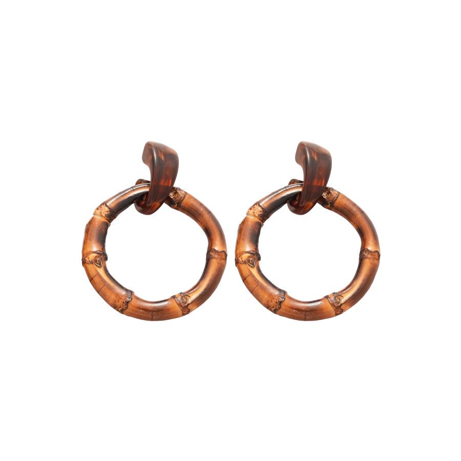 Maillard Resin Bamboo Silver Needle Round Earrings: Retro Autumn/Winter Fashion, Simple Niche High-End Dangle Jewelry.