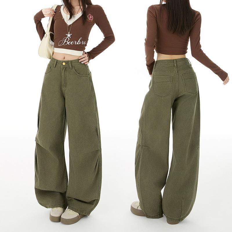 American Retro Military Green Tooling Scimitar Jeans Women's Autumn and Winter New Relaxed High-waisted Loose Wide-leg Pants