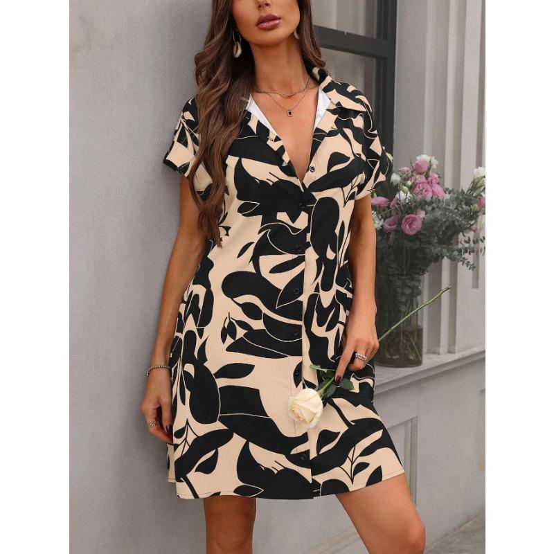 Women's Summer New Fashion Colorful Floral Print Cardigan Short Sleeved Lining Dress
