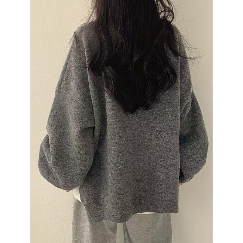 Maglioni da Donna Vintage Autunno Inverno Manica a Lanterna Nera Pullover in Maglia Oversize Coreani Monocolore Base
