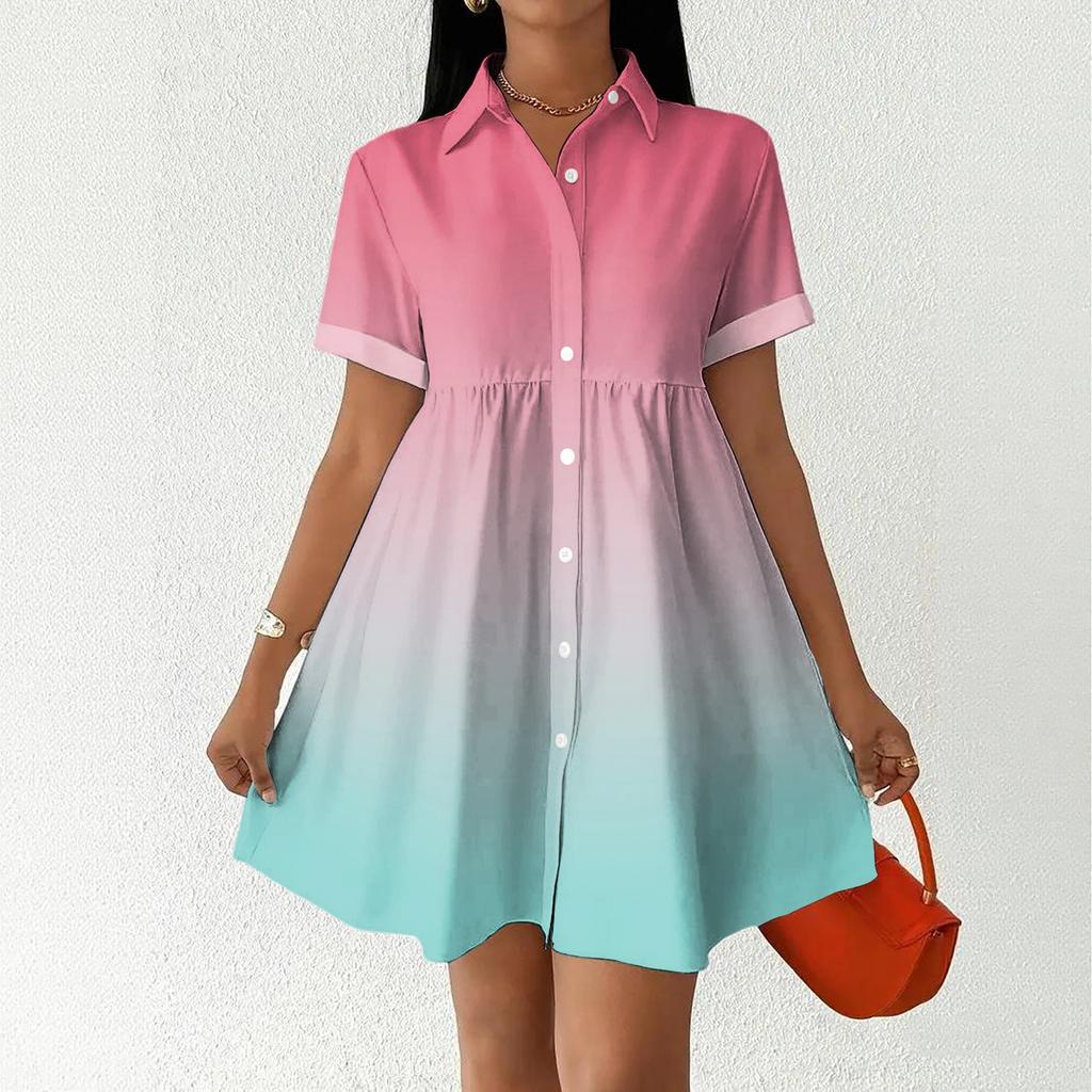 Women’s Casual Loose Shirt Dress Button Front Stand Collar Short Sleeve Gradient Print Relaxed Fit Tunic Dress for Daily Wear