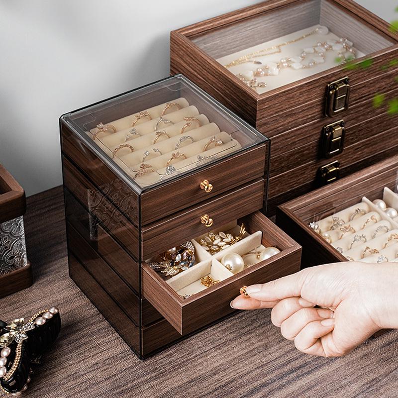 Five-Layer Walnut Wood Jewelry Box for Earrings, Necklaces & Bracelets - Large Capacity