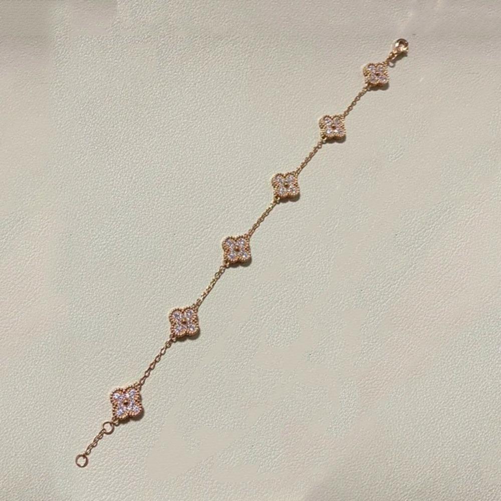 Women Jewelry Set Mini Clover Bracelet Full Diamond Earrings Champagne Gold Necklace Ring