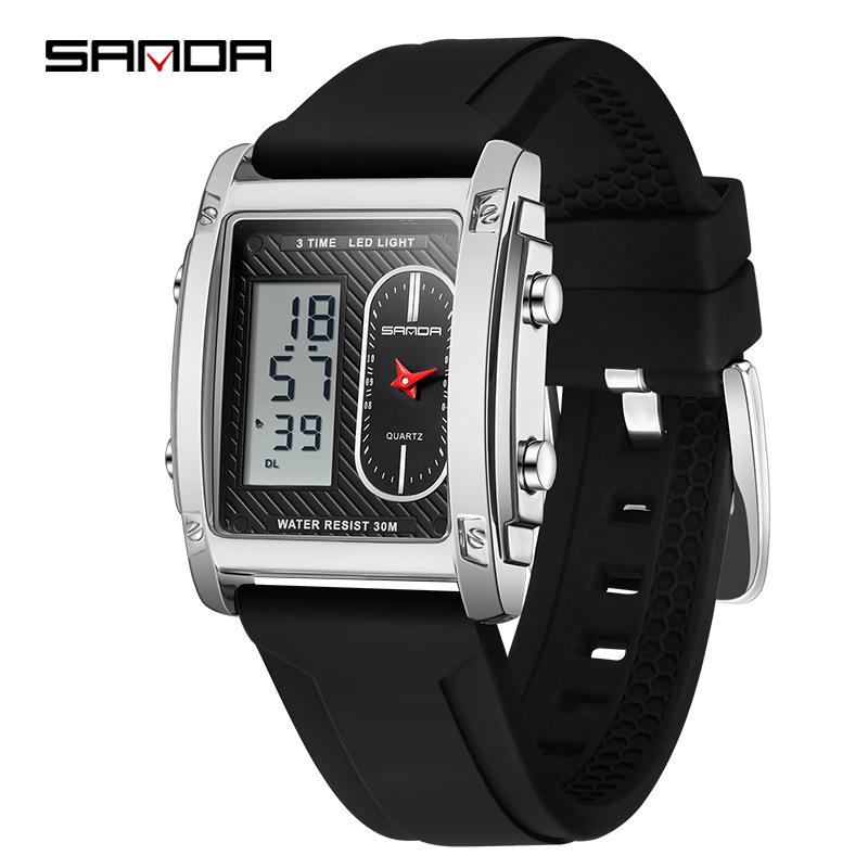 Sanda Men s Dual Display Luminous Waterproof Wristwatch - Alarm Clock Business Fashion Square Design