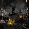 Gothic Halloween Decorations Witch Holding Lantern Light, with Spider Web Pattern Decor, Retro Party Supplies Style Resin Glowing Sculpture,