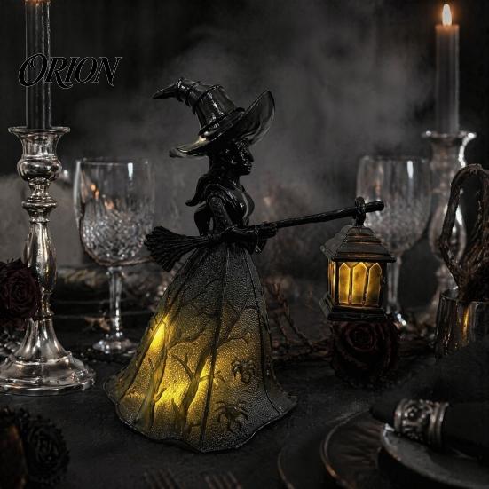 Gothic Halloween Decorations Witch Holding Lantern Light, with Spider Web Pattern Decor, Retro Party Supplies Style Resin Glowing Sculpture,