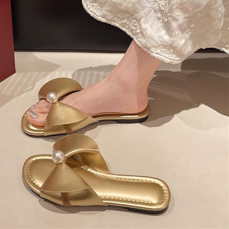 Fashion Fashion Plus-size Slippers Worn Outside New Women's Summer New Round Toe Open Toe Pearl Bow Non-slip Flat Cool Mop