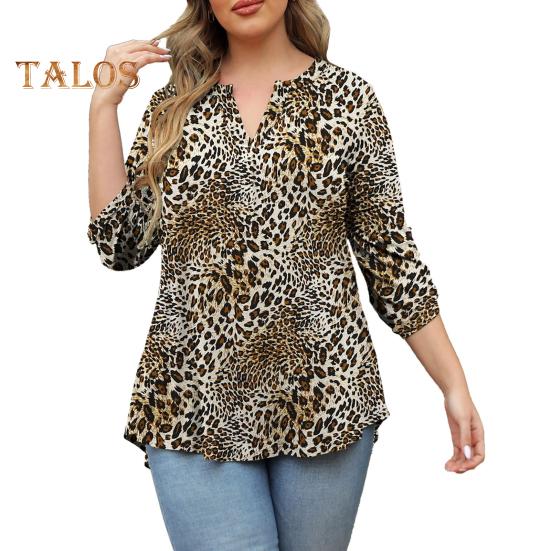 Women Shirt V-neck 3/4 Roll-Up Sleeves Lightweight Tops Flower Print Flowy Hem Tunic Tops Daily Wear