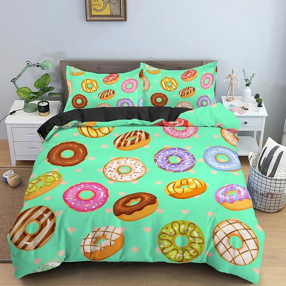 Donut Print Comfortable Duvet Quilt Cover Pillowcase Bedding Set Children Bedroom Decoration Home Textile
