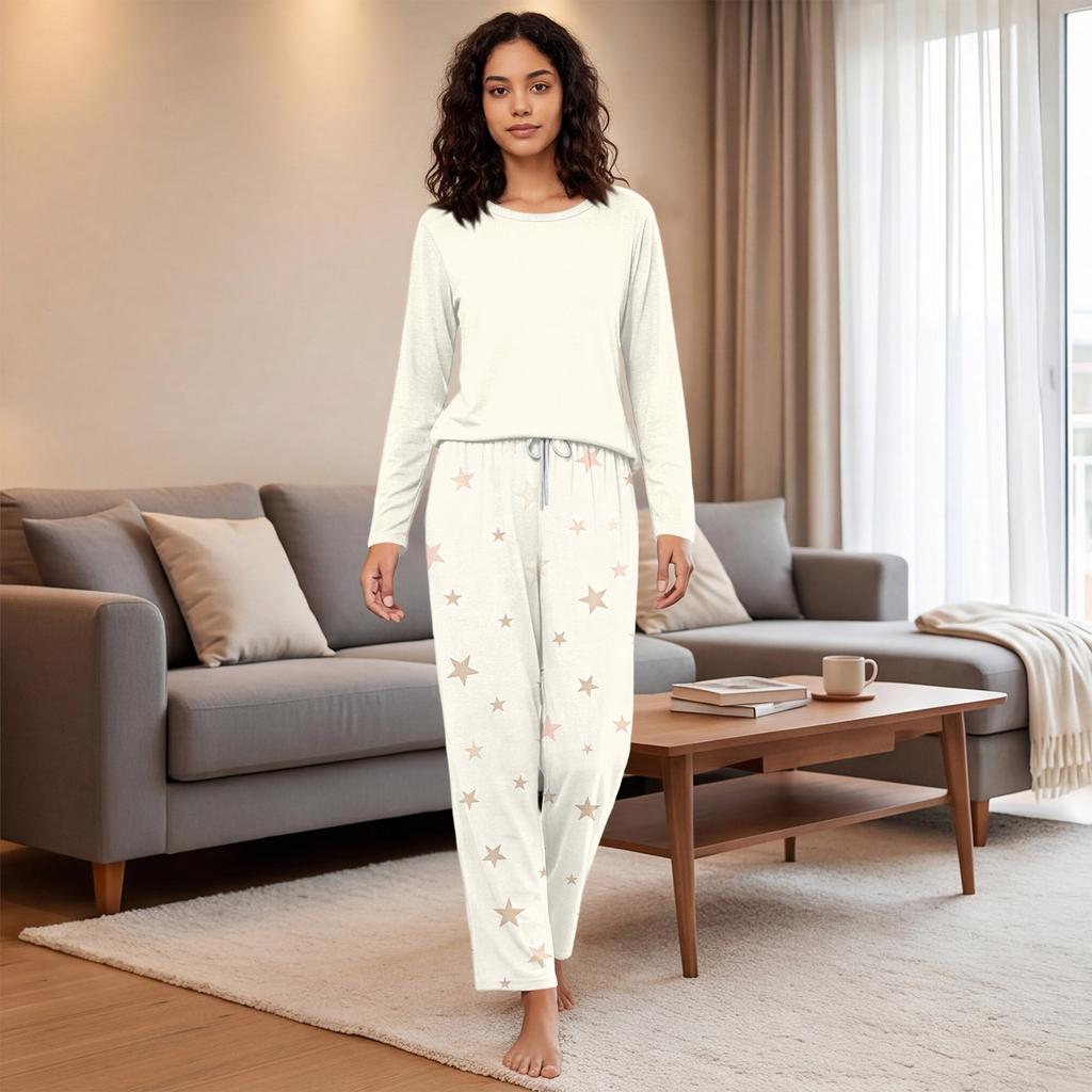 Women's Casual Printed Pajama Set with Round Neck and Loose Fit for Sleep and Lounging
