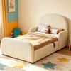 Gestoffeerd Kinderbed 90x200 met Hydraulische Opbergruimte, Velours Bedframe met Hoge Hoofdsteun, Voetbord en Semi-Hoge Veiligheidsleuning, Beige
