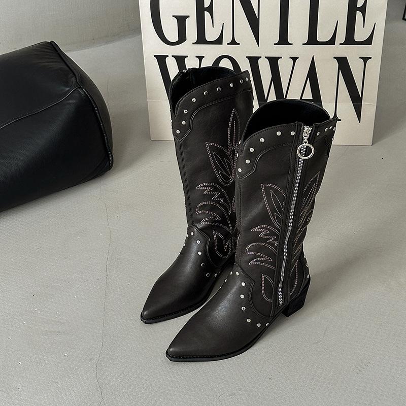 

Fashion versatile casual western cowboy boots spring and summer new design sense pointed leather boots thick heel women s knight boots 42