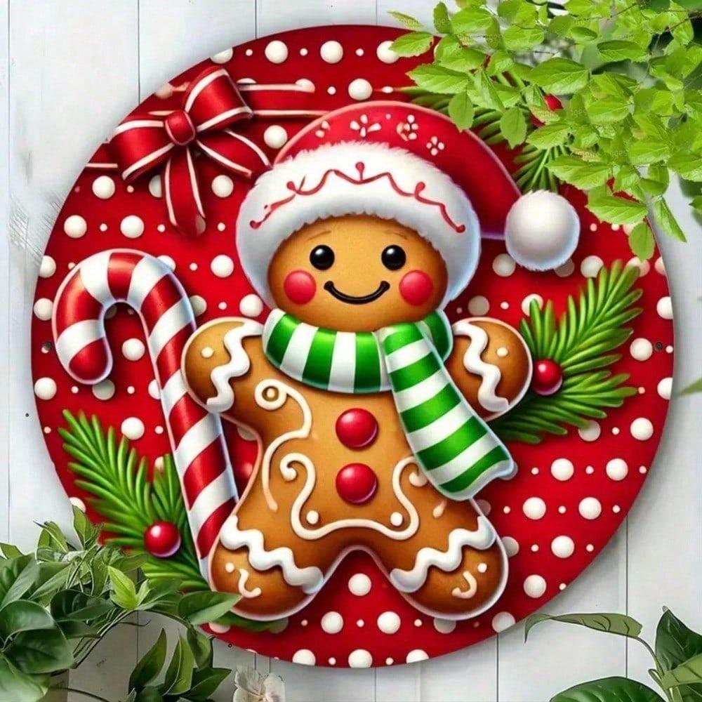 1pc Christmas Gingerbread Man Candy Cane Metal Wall Art, 7.8x7.8 Inch Farmhouse Hanging Decor for Indoor Outdoor Holiday