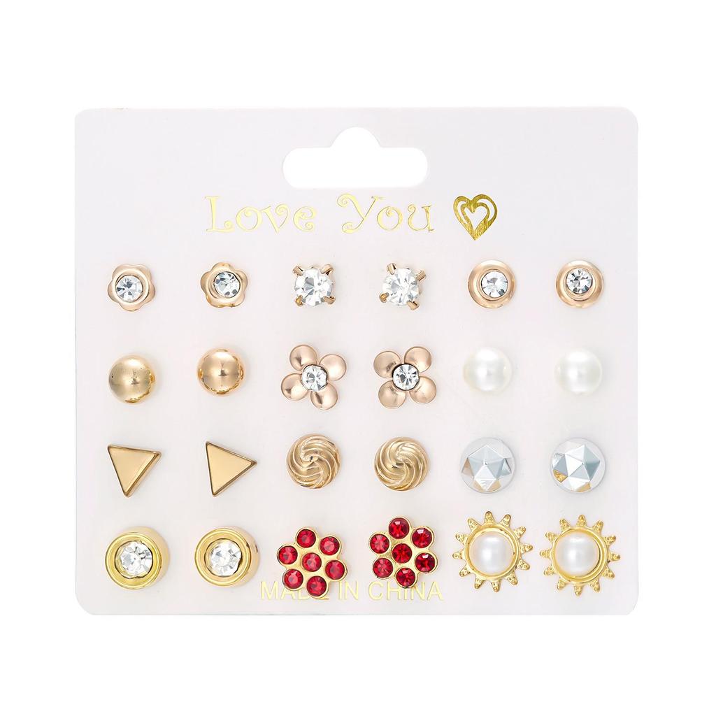 12-Pair Rhinestone Stud Earrings Set: Flower, Heart, Star & Moon Designs