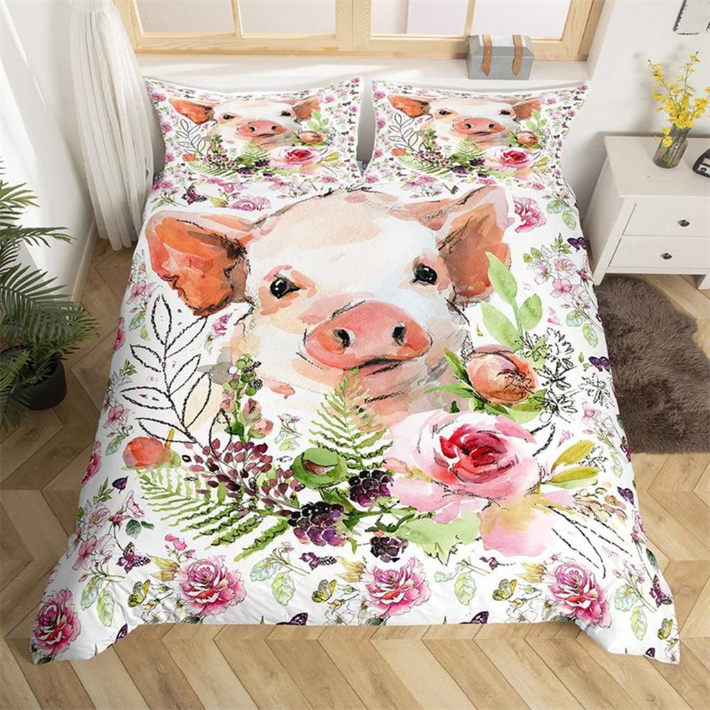 Cartoon Cute Pink Pig Duvet Cover for Children Boys Girls Microfiber Pigs Floral Cartoon Farm Animals Theme Bedroom Decorations