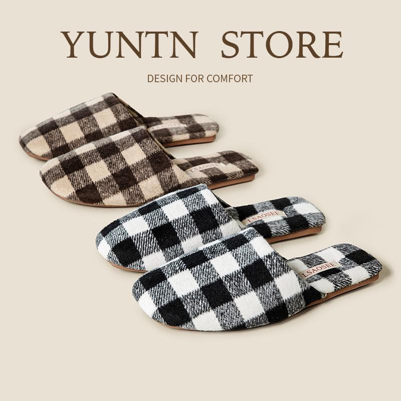 Women's Luxury Checkered Suede Fleece Slippers - Non-Slip Lightweight Tendon Sole