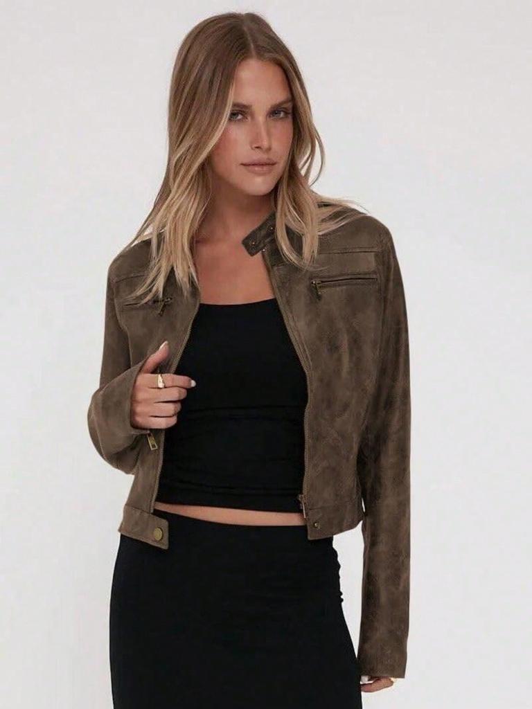 Giacca Moto Corta Vintage da Donna in Ecopelle con Zip e Collo Alto Cappotto Biker Corto Casual