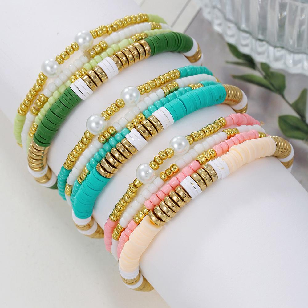 Boho Stackable Bracelet Set for Women Colorful Soft Clay Beads & Pearl Fashion Wrist Jewelry