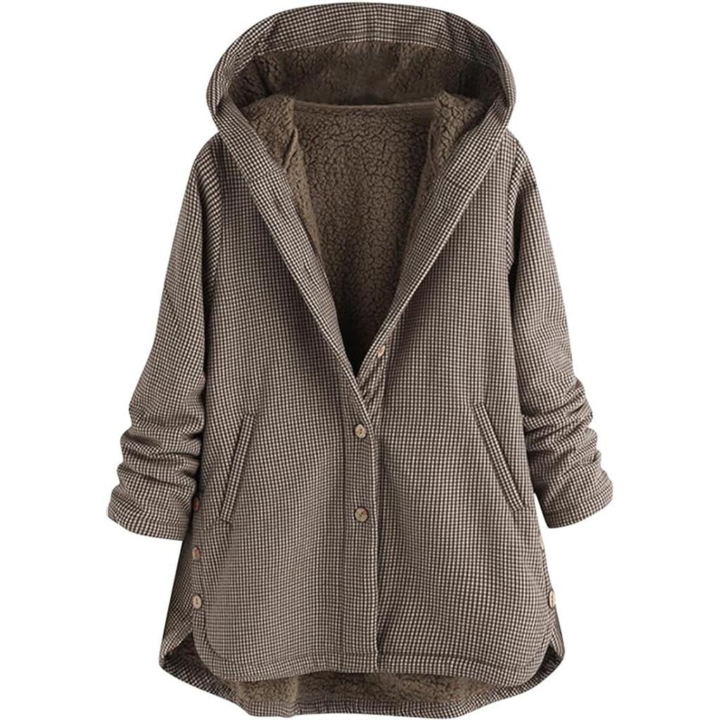Women's Plaid Jacket Flannel Jacket Button Hooded Warm Coat