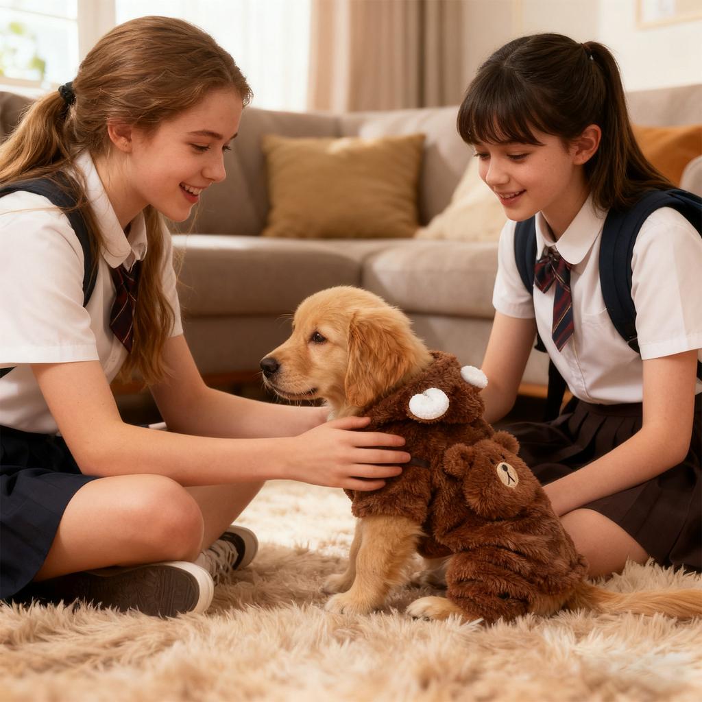 Pet Dog Clothes, Fleece-lined And Thickened For Winter, Hooded Bear Four-legged Clothing For Small Dogs Like Teddy And Bichon , Pet Apparel