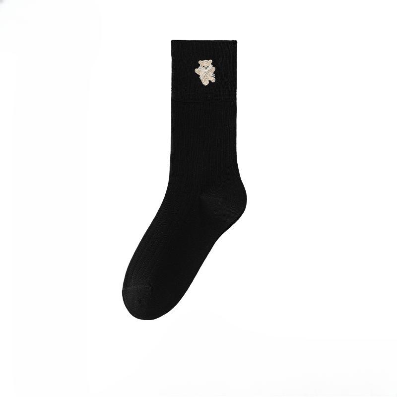 Female Spring and Autumn Bear Embroidery Bow Boneless Sweat Absorption Breathable Solid Color Tube Cotton Socks