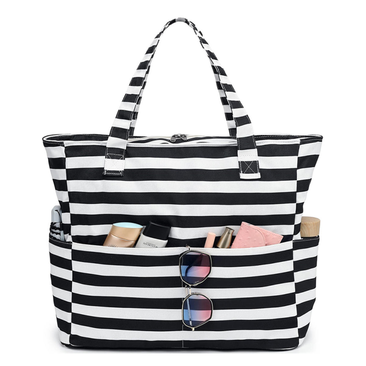 

Пляжная сумка-тоут водонепроницаемая складная большой вместимости легкая портативная дорожная сумка для хранения для активного отдыха, плавания, отпуска Black and white striped style